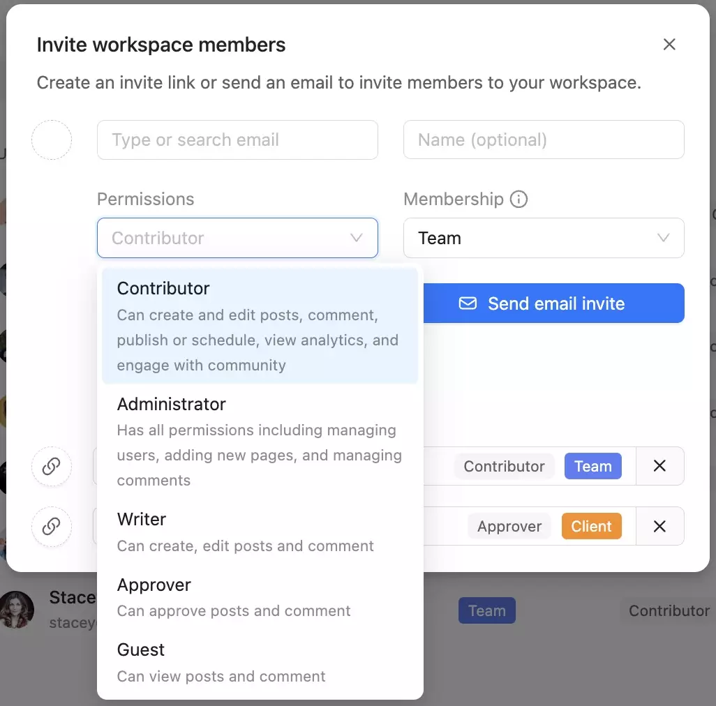 Invite members popup with permission roles like contributor, admin, writer and approver