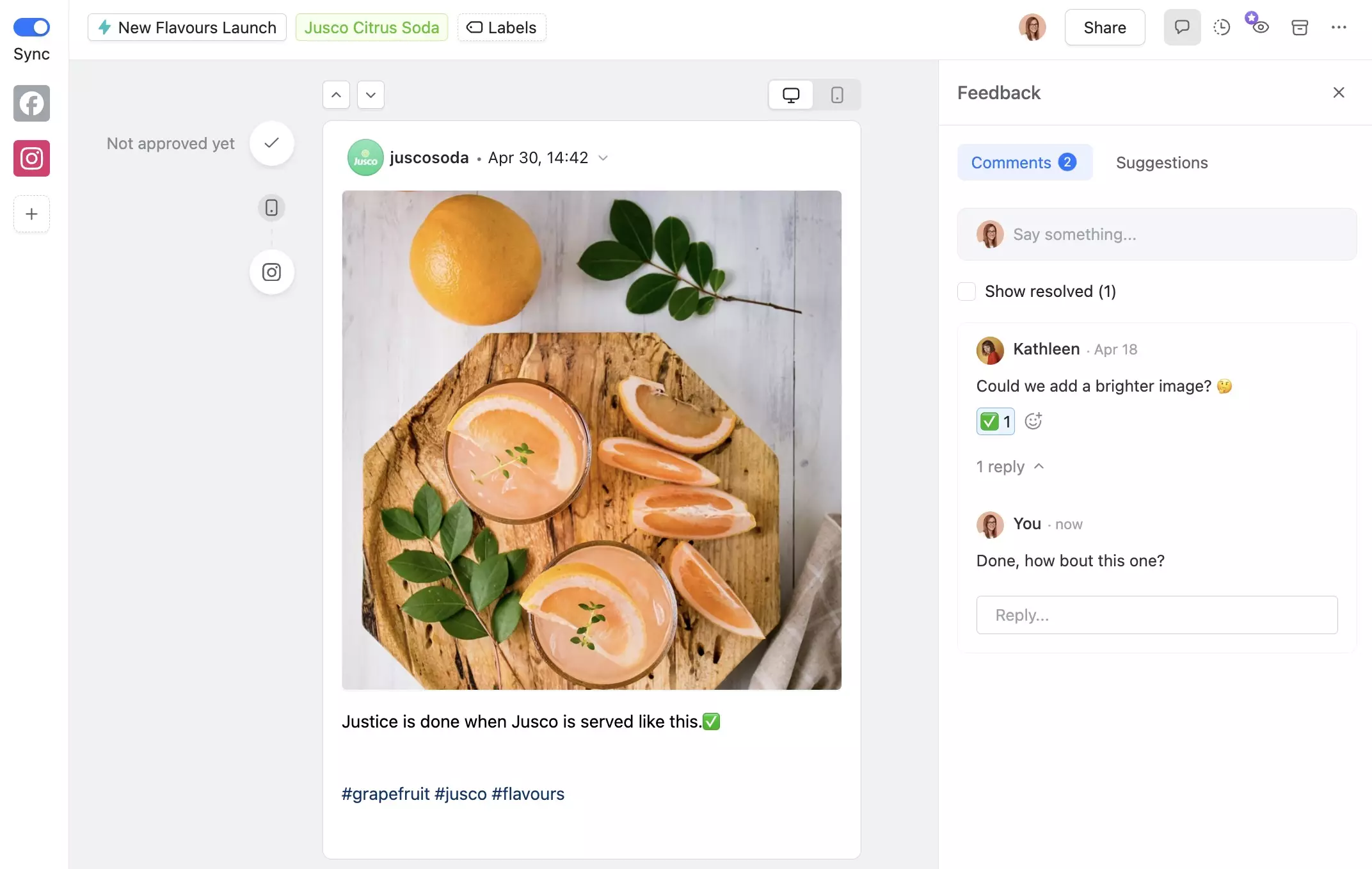 Scheduled social post with citrus drinks and team comments suggesting brighter image in Planable