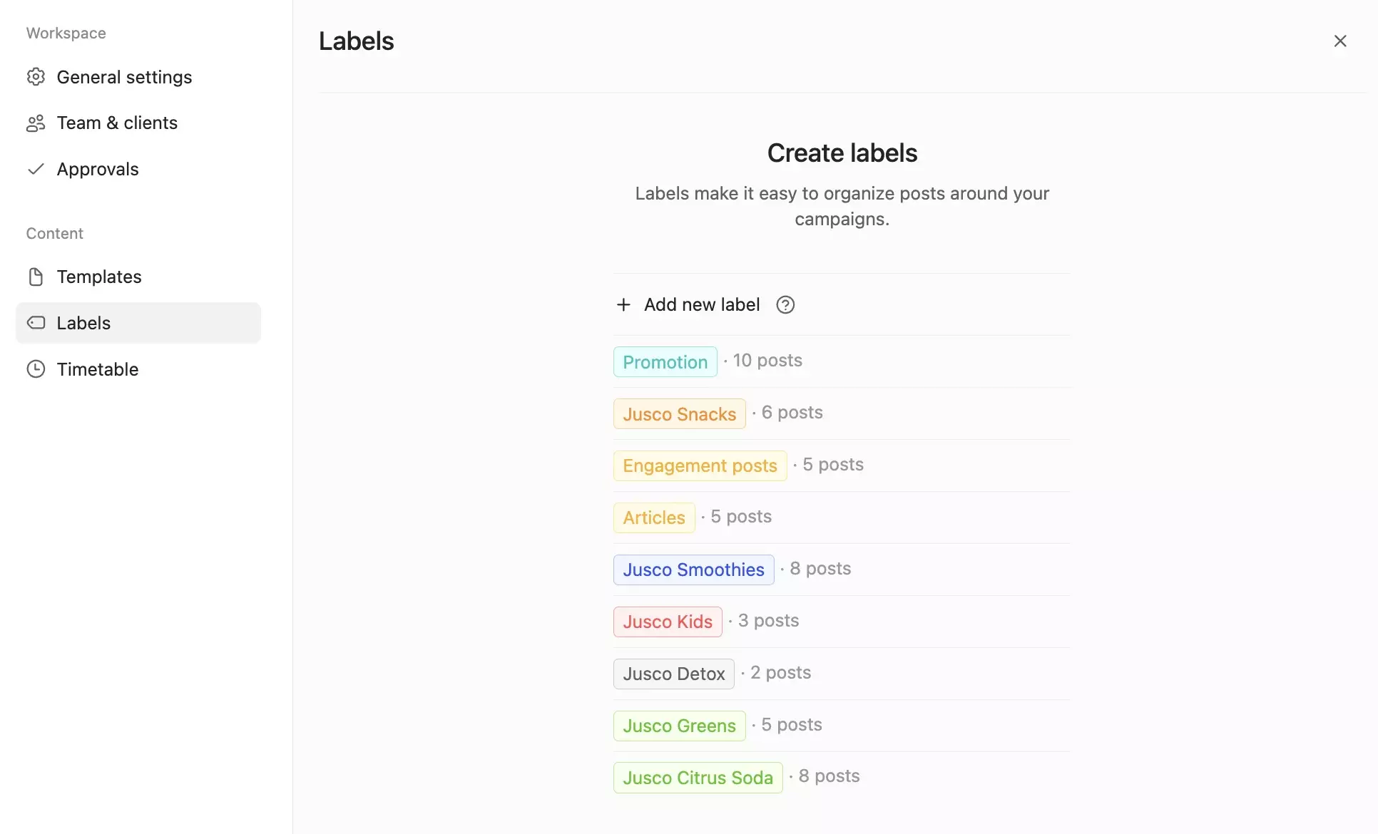 Labels page showing categorized tags for posts like promotion, articles and engagement