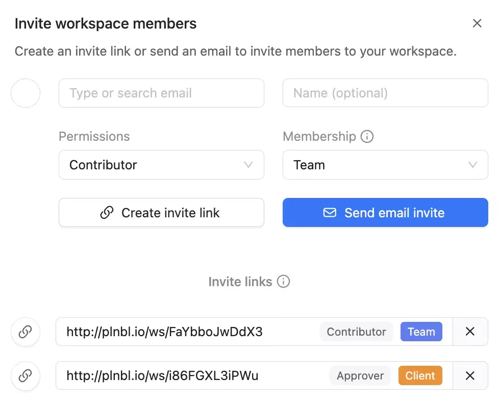 Invite links panel with contributor and client access roles and shareable workspace URLs