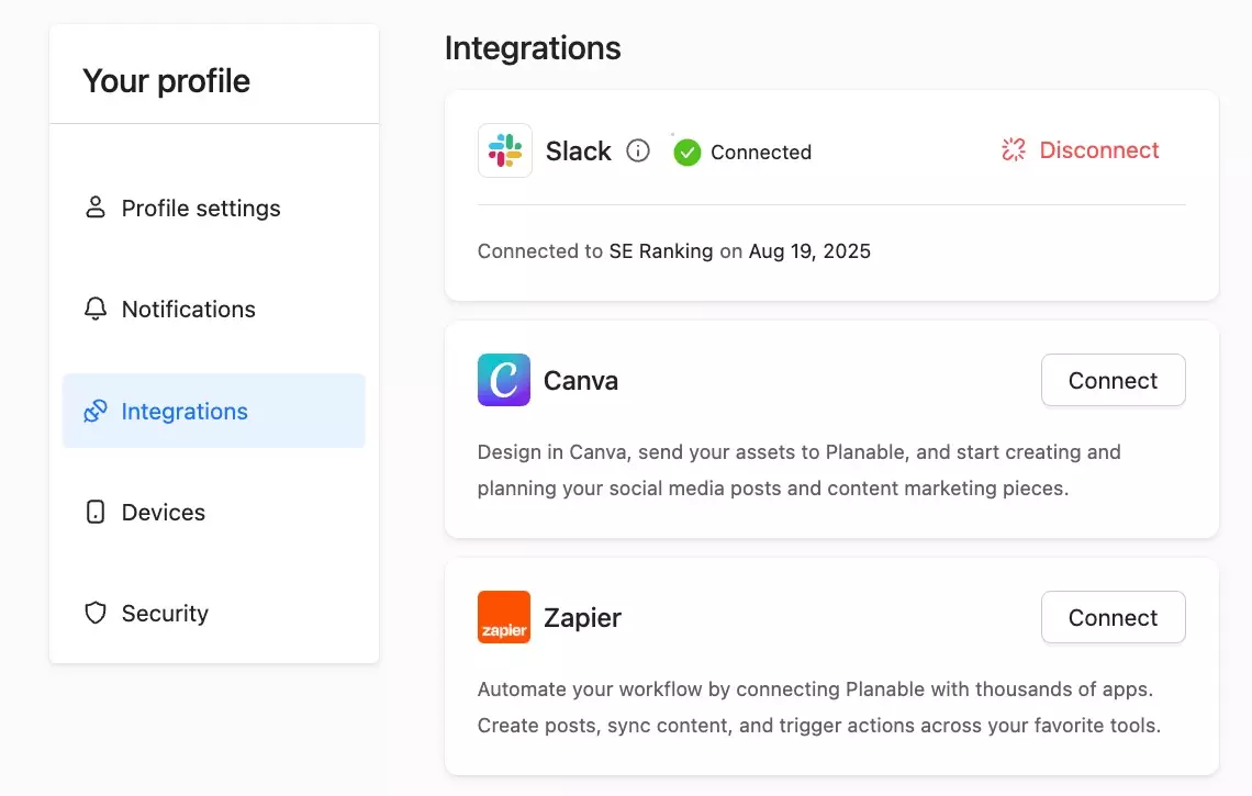Planable integrations dashboard displaying connected Slack and options to connect Canva and Zapier