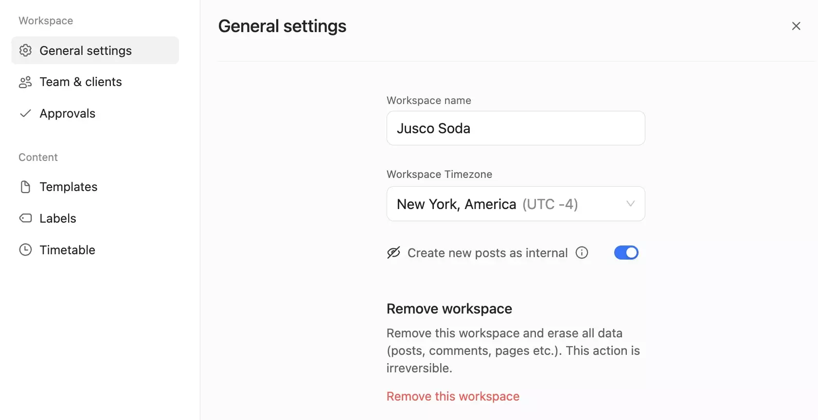 General settings page showing workspace name, timezone and remove workspace option