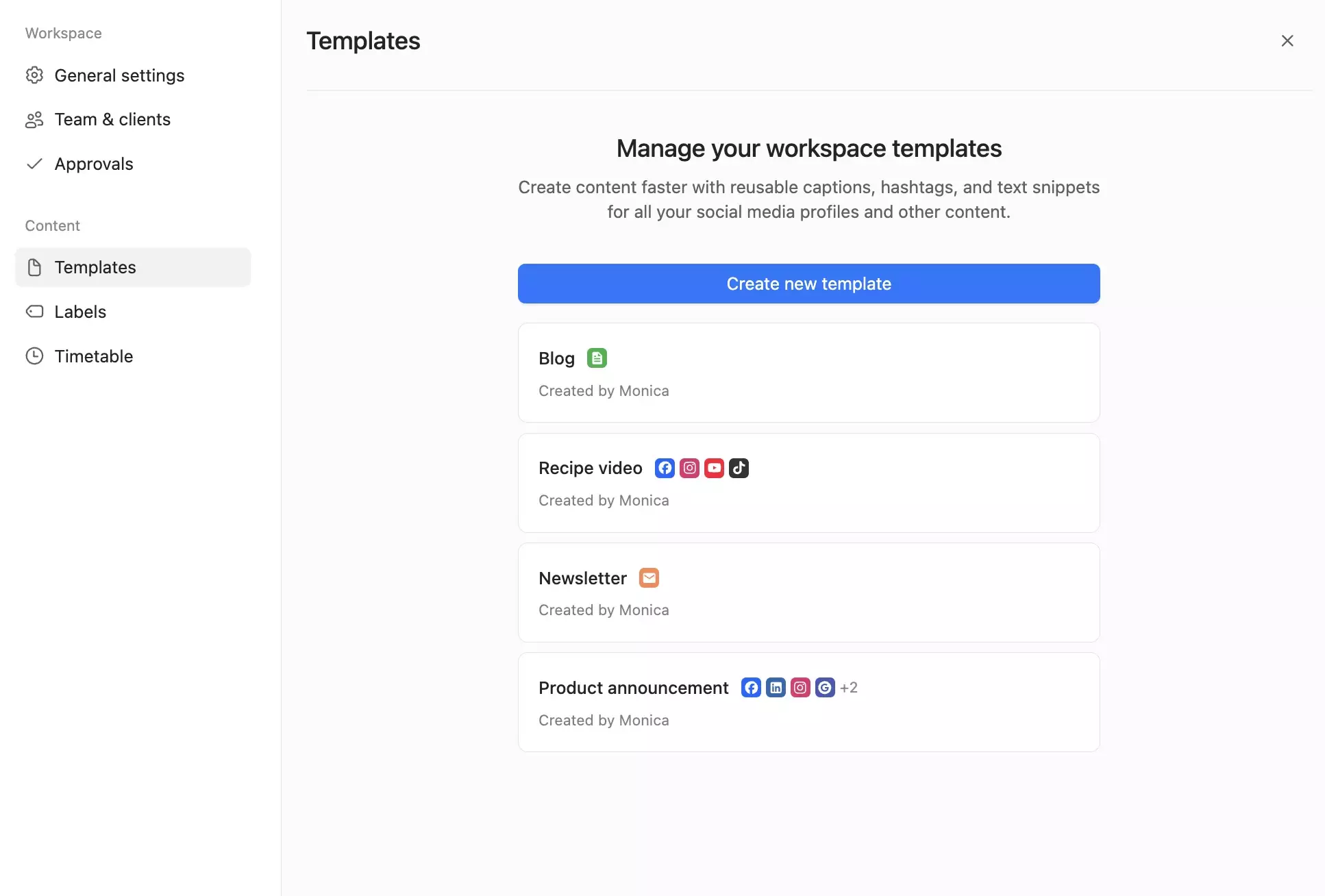 Templates page showing reusable content formats like blog, newsletter and product posts