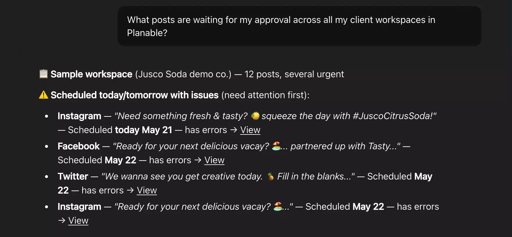 AI dashboard showing pending Planable client post approvals with flagged social media scheduling errors.