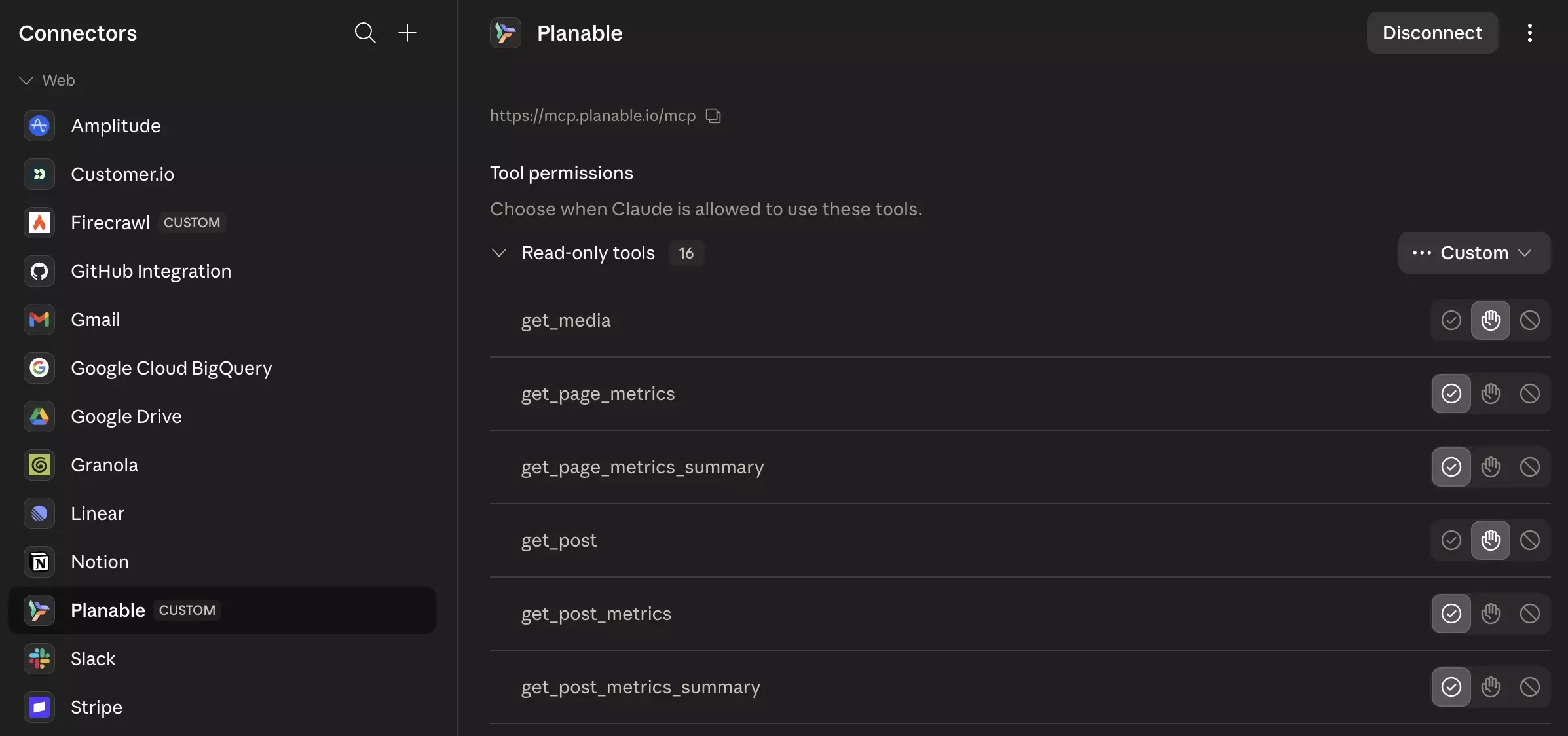 Planable custom MCP connector settings in Claude with read-only tool permissions and integrations sidebar.