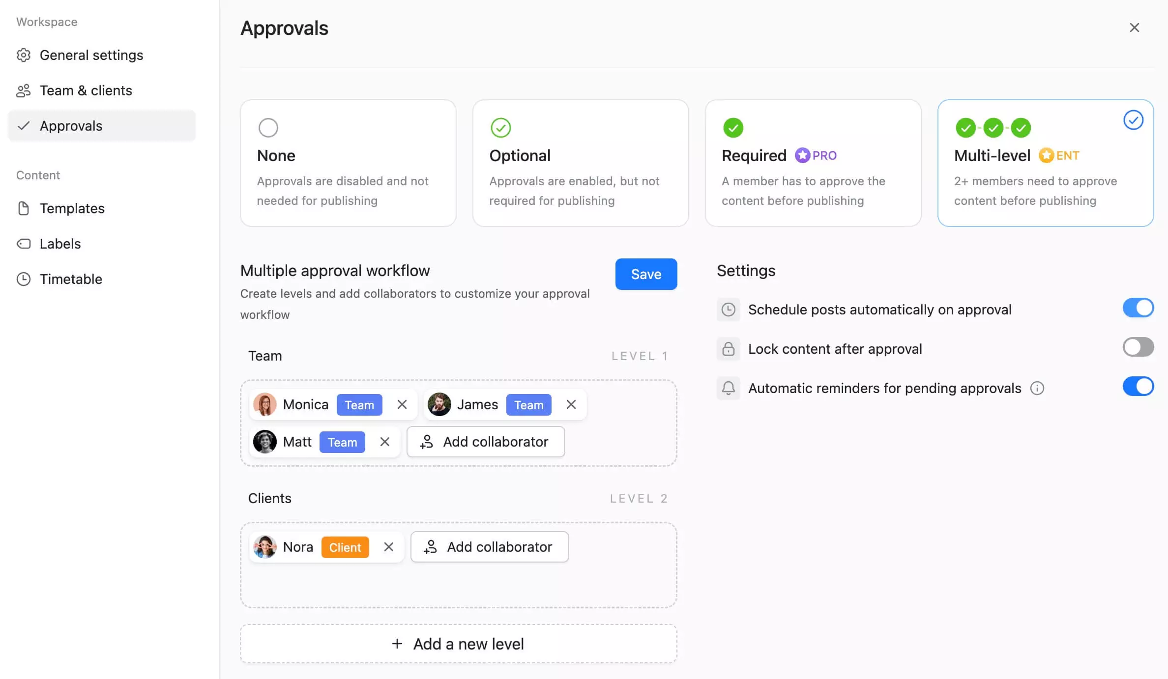 Multi-level content approval workflow with team members, clients, and approval settings.