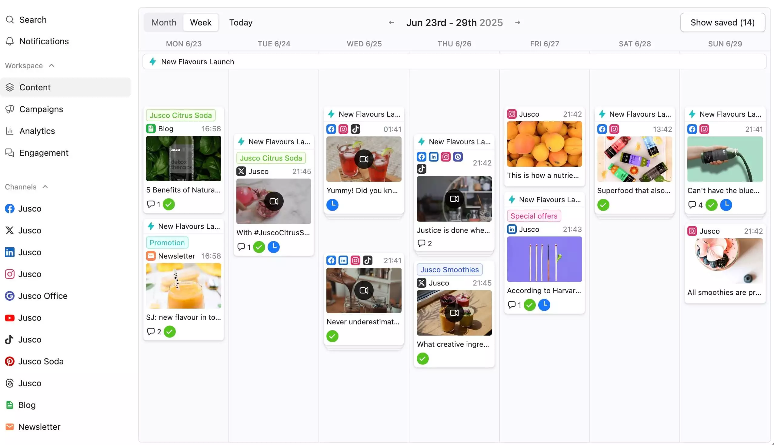 Weekly content calendar displaying scheduled social posts across channels and campaigns.