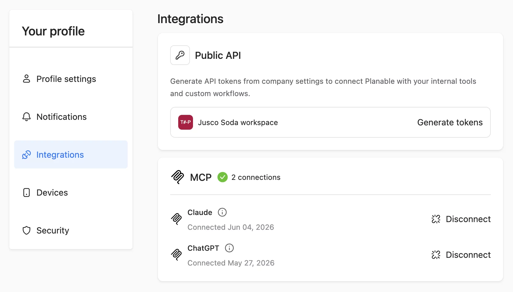 Profile integrations page showing Public API token generation and MCP connections for Claude and ChatGPT.