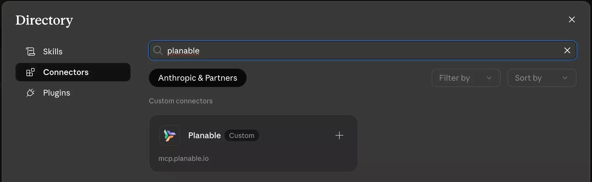 Claude connector directory showing Planable MCP integration search result