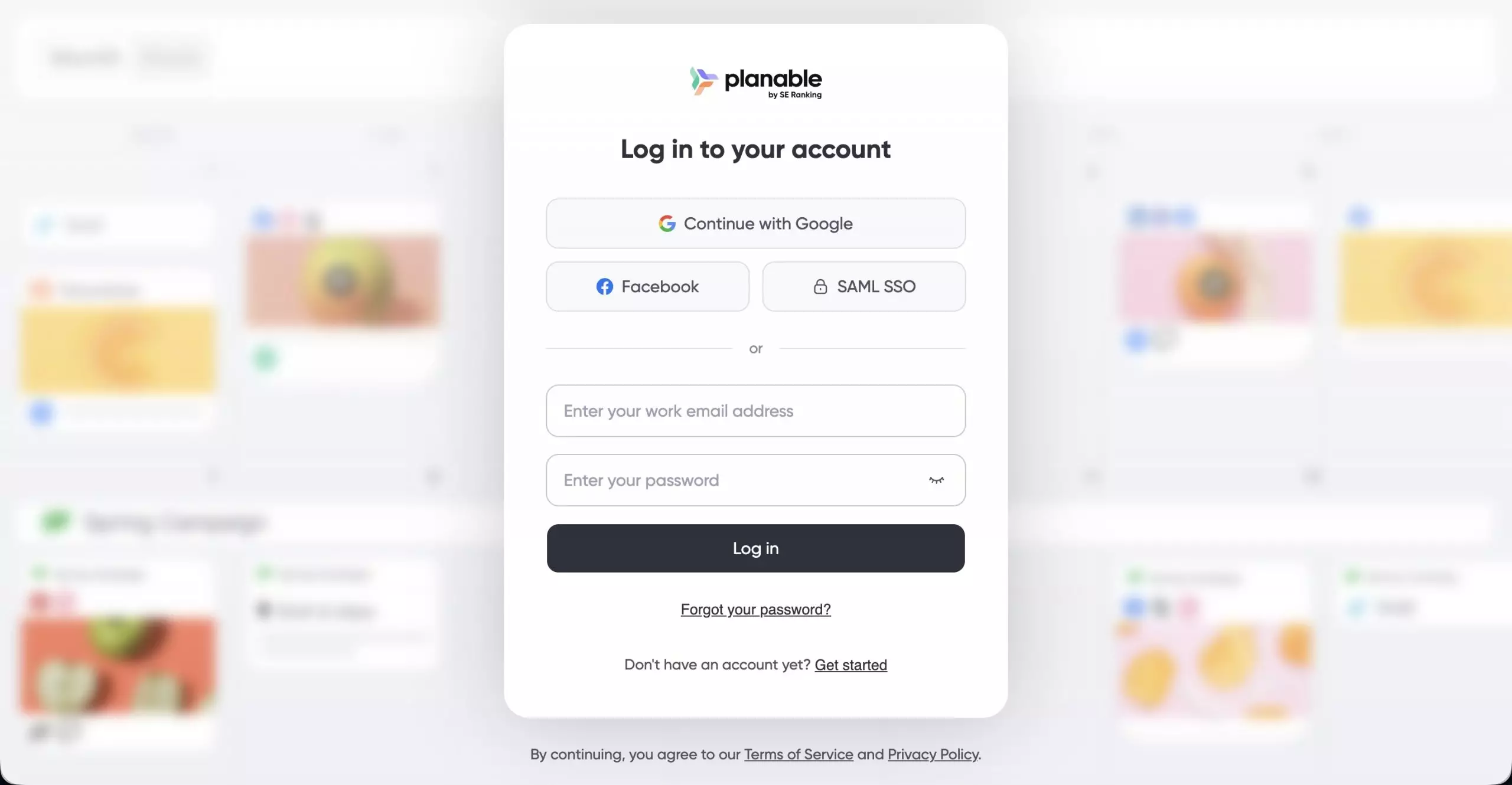 Planable login screen with Google, Facebook, SAML SSO, email, and password options