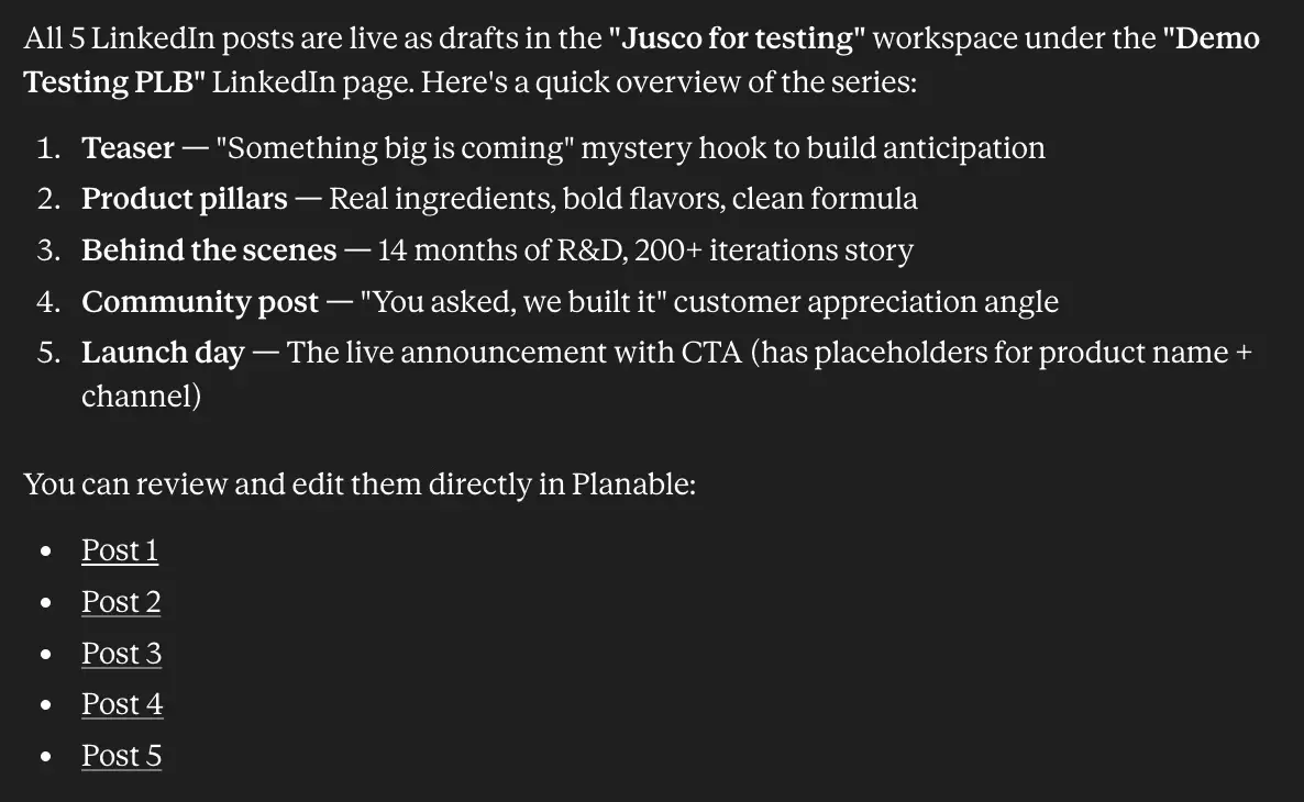 Claude response listing five drafted LinkedIn posts created in Planable