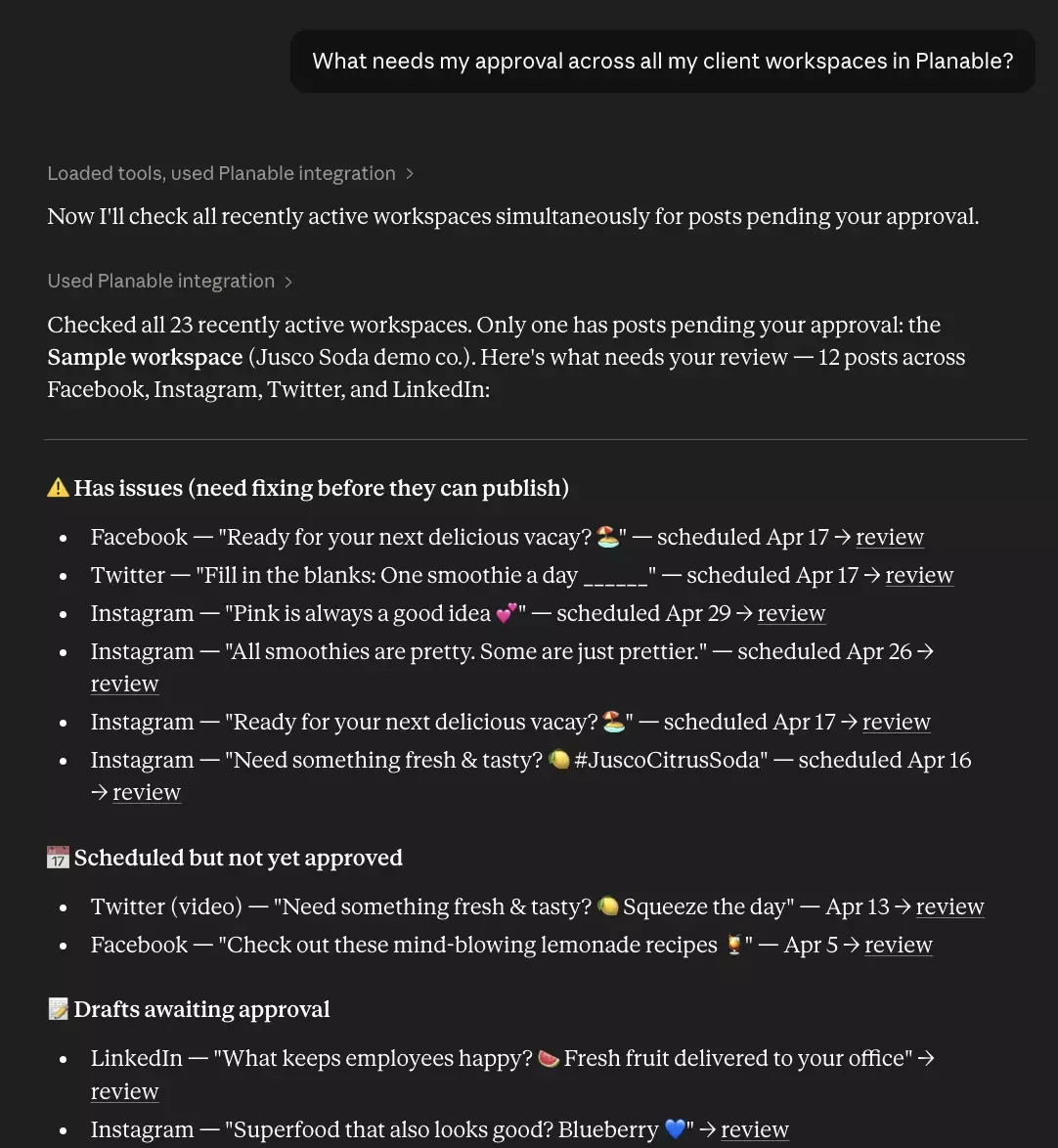 Claude prompt checking Planable workspaces for posts needing approval