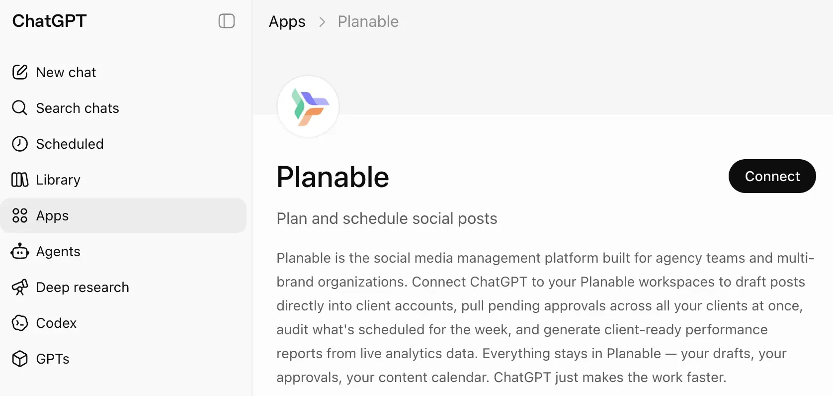 Planable app page in ChatGPT with a Connect button and social media management description.