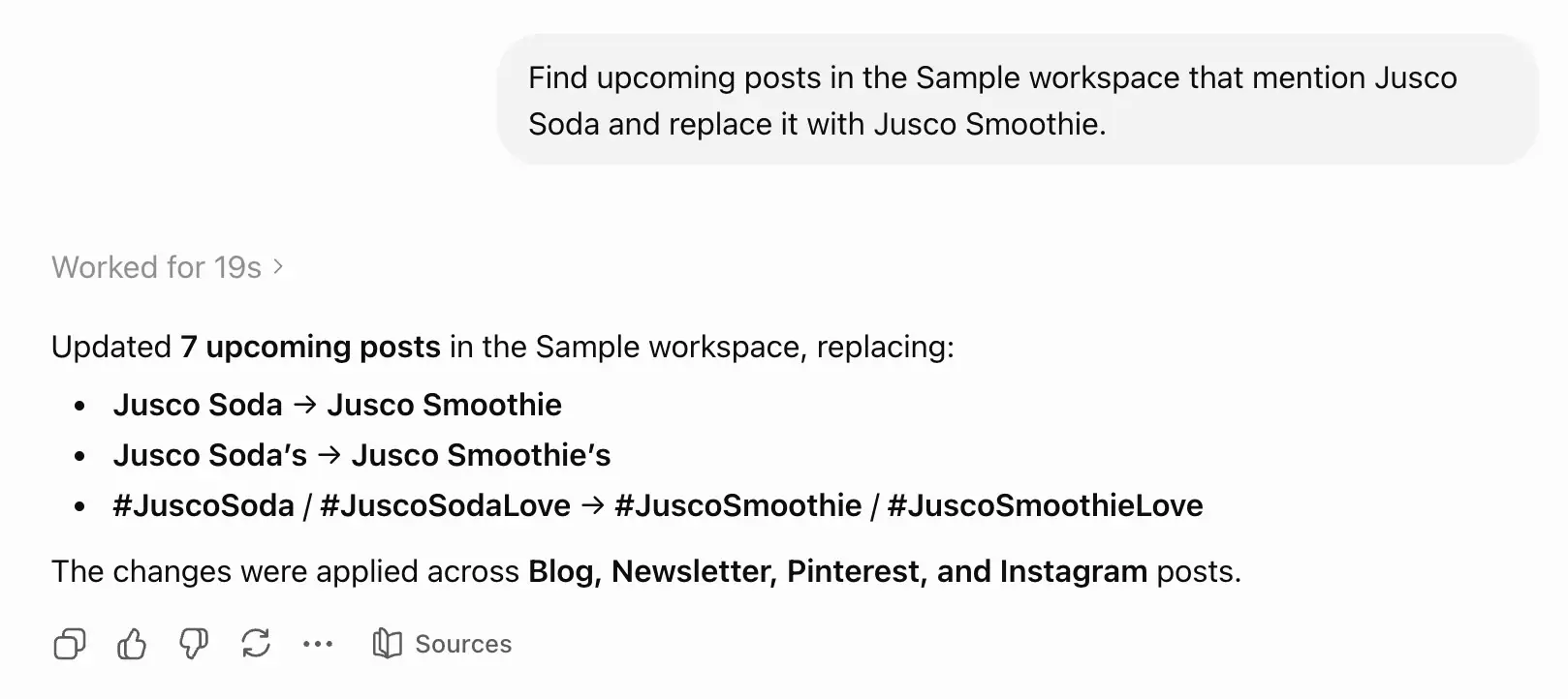ChatGPT confirms seven upcoming posts updated from Jusco Soda to Jusco Smoothie across four channels.