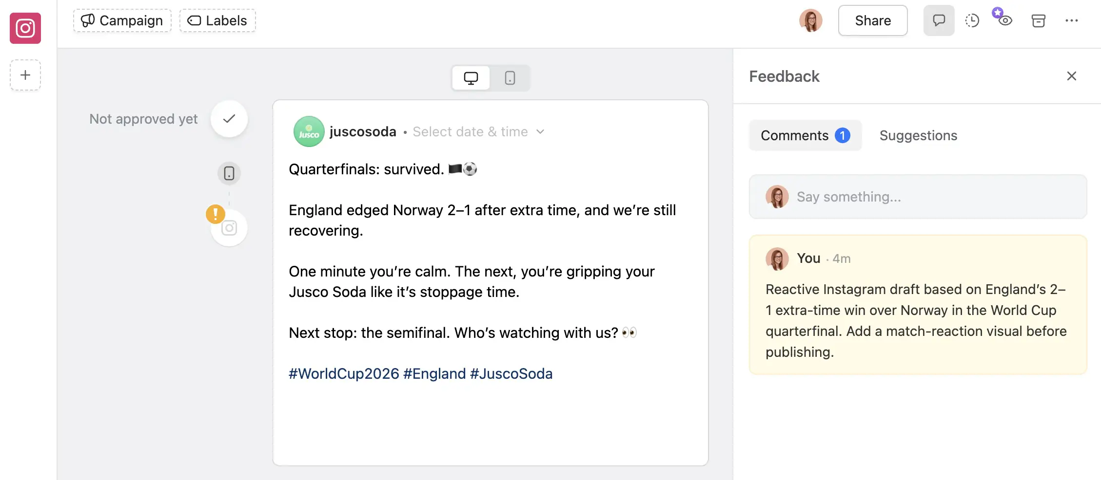 Planable Instagram draft about England’s World Cup win, marked unapproved and missing a visual.