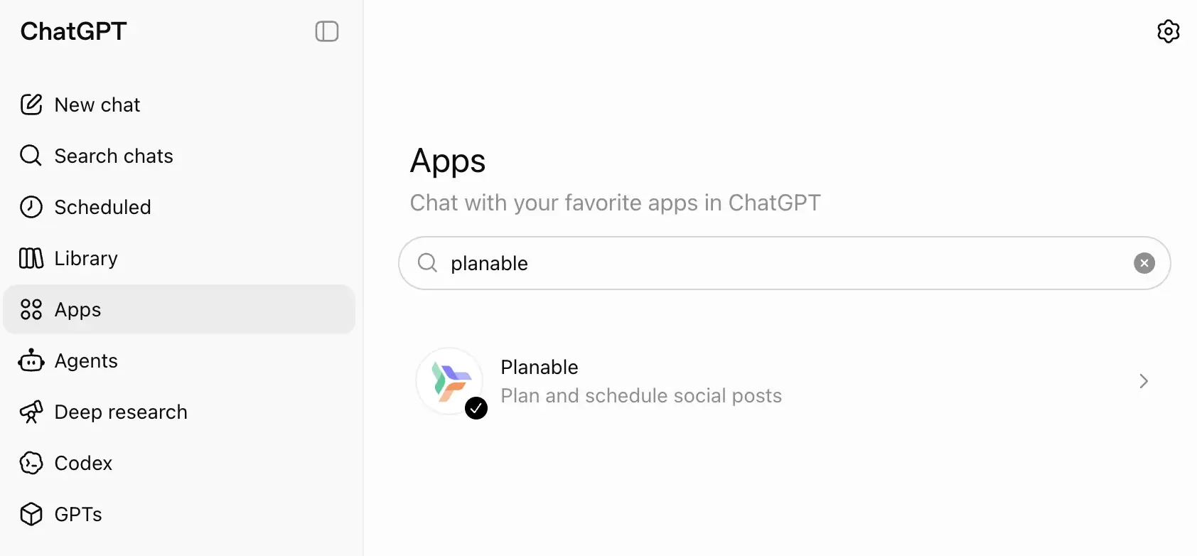 ChatGPT Apps search results showing Planable installed for planning and scheduling social posts.