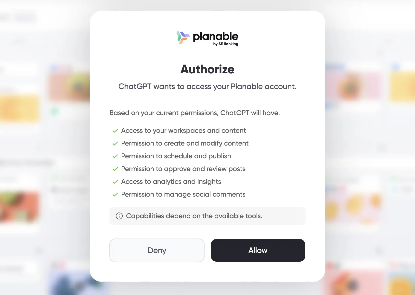 Planable authorization screen listing ChatGPT permissions with Deny and Allow buttons.