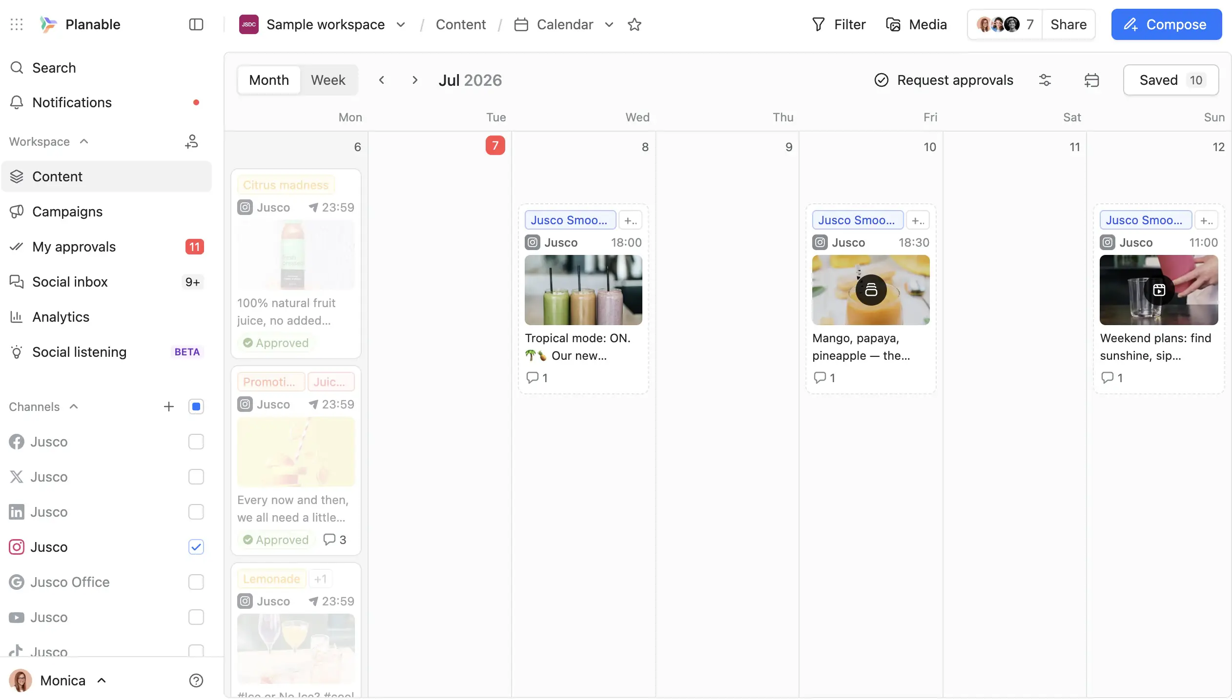Planable content calendar showing three ChatGPT-created Instagram drafts for Jusco.