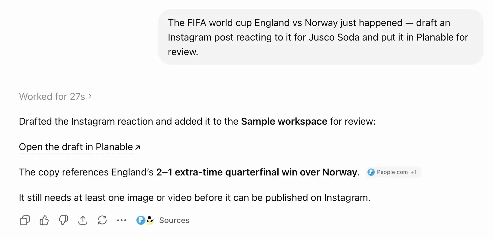 ChatGPT confirms a reactive World Cup Instagram draft was added to Planable for review.