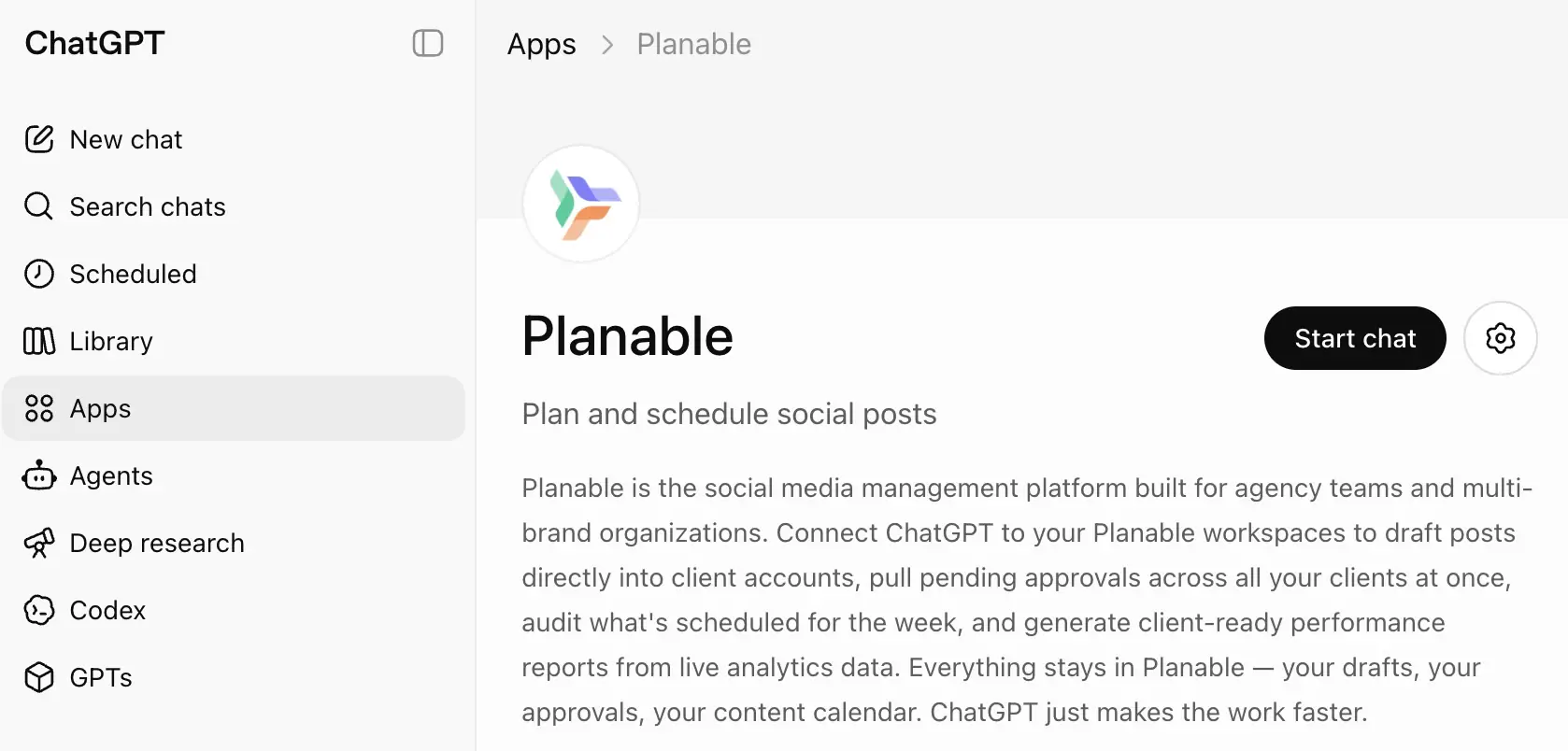Planable app page in ChatGPT with a Start chat button and connected app settings.