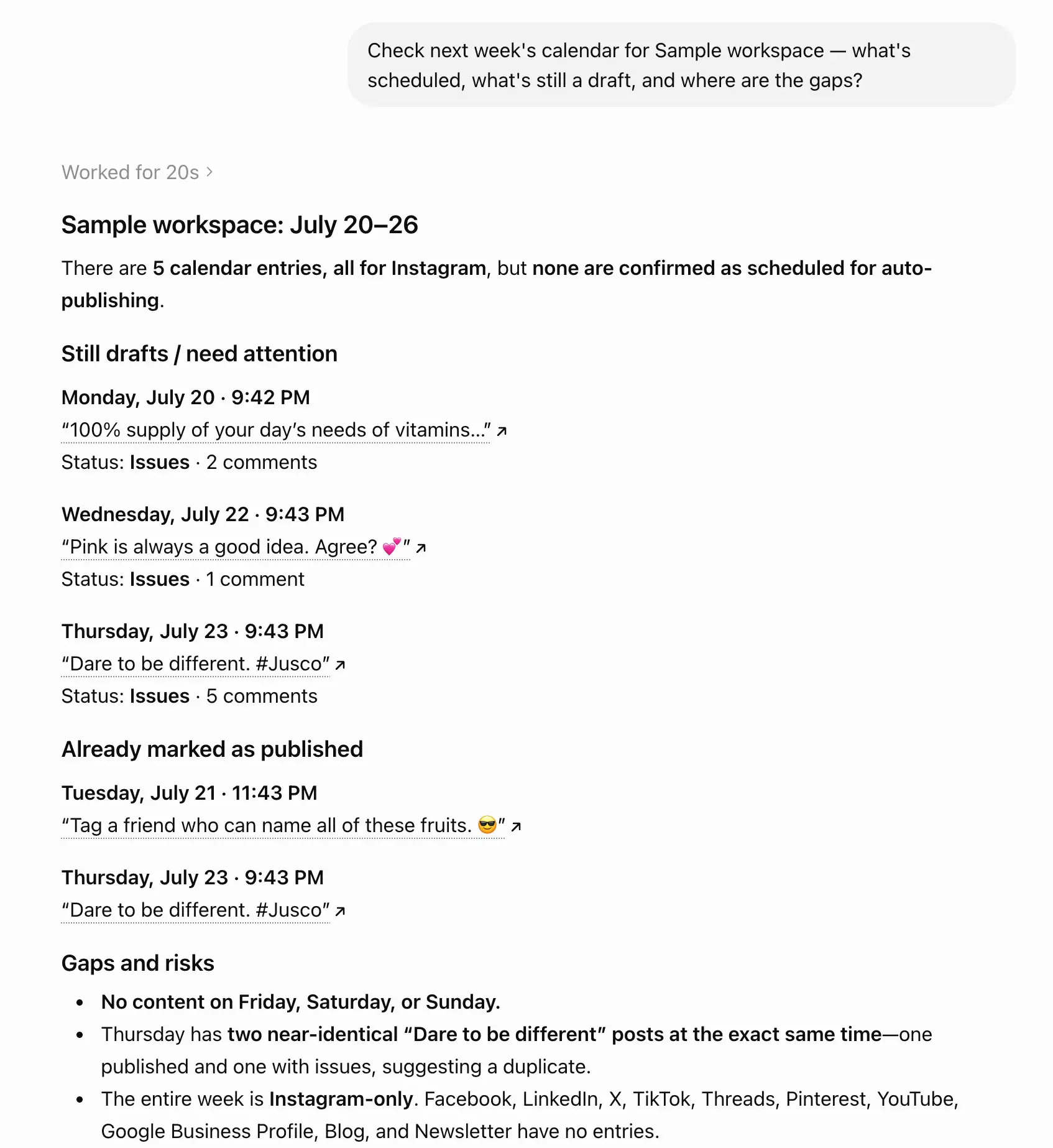 ChatGPT audits a weekly Planable calendar, highlighting drafts, duplicates, channel gaps, and risks.